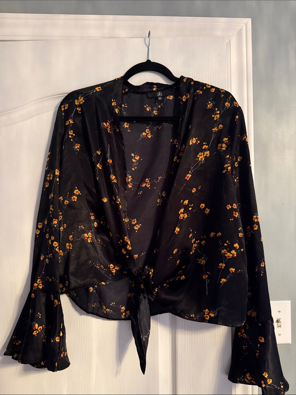Black Floral Tie-Front Blouse with Yellow Flowers